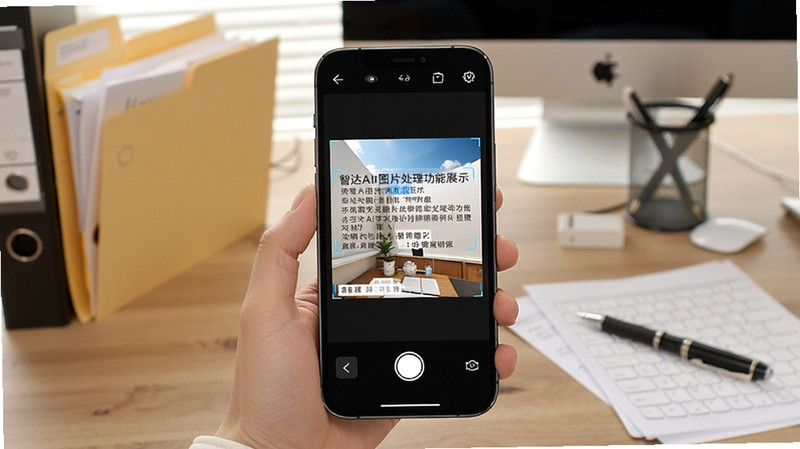 智达AI图片处理功能展示，手机屏幕上显示一张图片正在被智达AI识别并提取文字，背景为办公桌面，有文件夹和笔，突出实用工具属性
