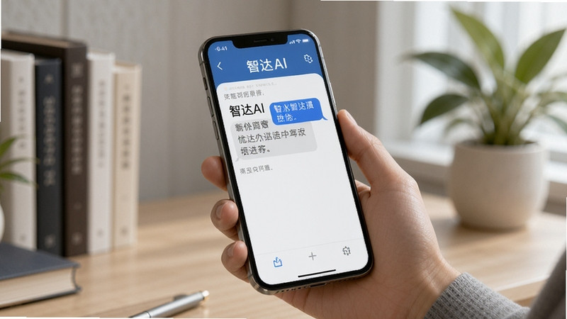 智达AI智能对话场景，画面中一只手拿着手机，屏幕显示智达AI正在生成文字回复，背景为书房环境，有书籍和绿植点缀，光线柔和，突出智能问答的便捷感