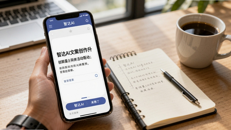 智达AI文案创作界面，画面展示手机屏幕中智达AI正在生成一段活动文案，旁边有笔记和咖啡杯，整体氛围轻松，体现创作效率提升